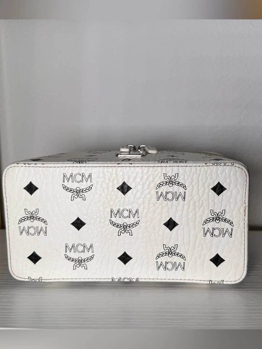 MCM White Logo Print Vanity Case with Silver Hardware